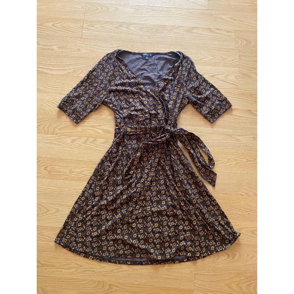 Toad&Co Cue Wrap Cafe Dress Brown Floral Tencel Organic Cotton Pockets Sz Large